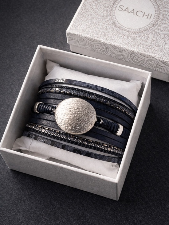 SAACHI Accessories - Saachi Multi Strand Leather Magnetic Wrap Bracelet NIB Black Silver